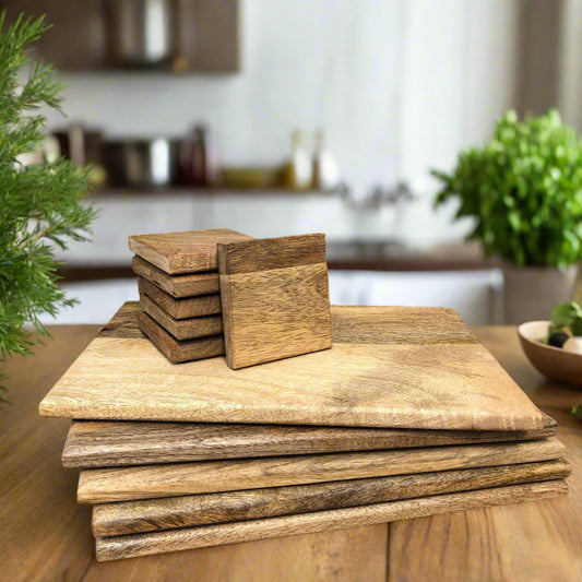 Set of Solid Mango Wood Board Placemats and Coasters.