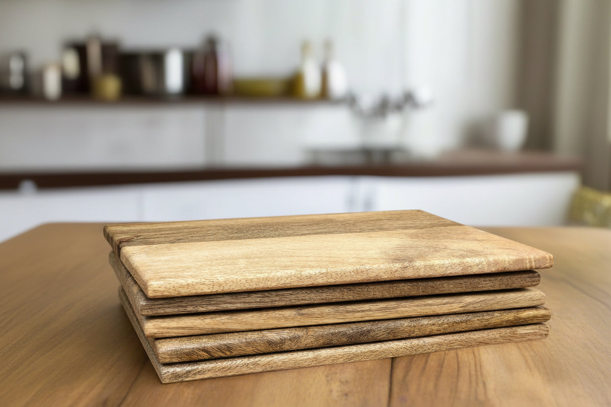 Stack of wooden cutting boards on a kitchen counter with blurred background