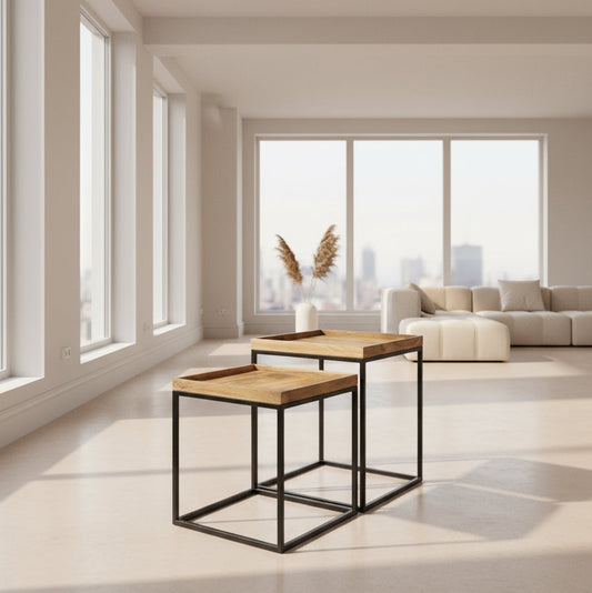 IMANT-001 Pair of square tray topped side tables in Mango wood shown seperated