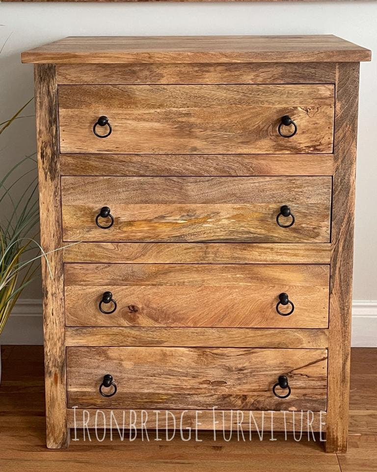 Large 4 drawer chest of drawers 100cm high straight on shot. 