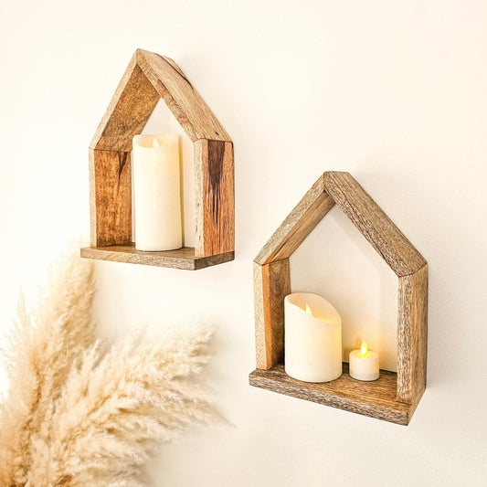 MANT-520 Set of 2 Mango wood house shaped wall shelves