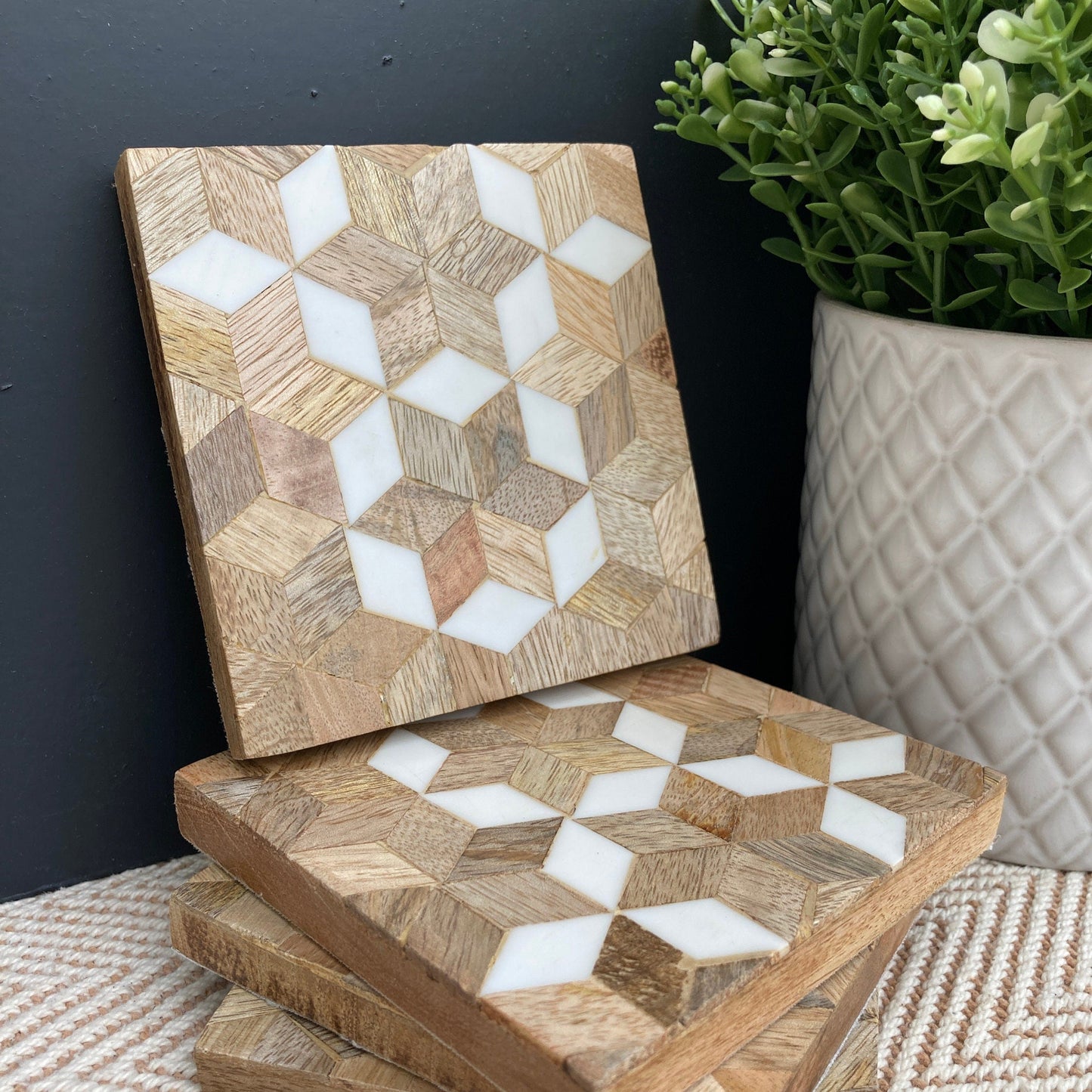 Mosaic Mango wood square coasters with resin inlay. 4 coasters stacked.