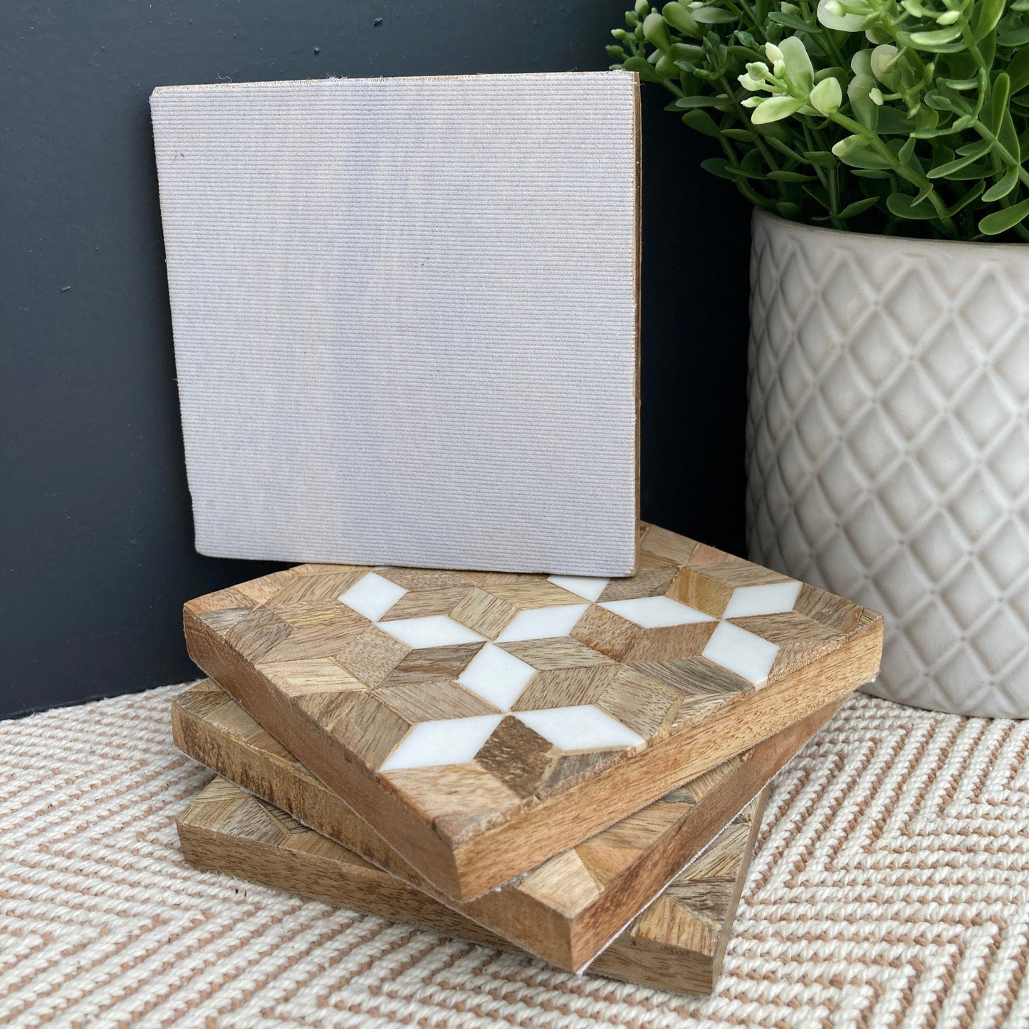 Mosaic Mango wood square coasters with resin inlay. Base of coaster.