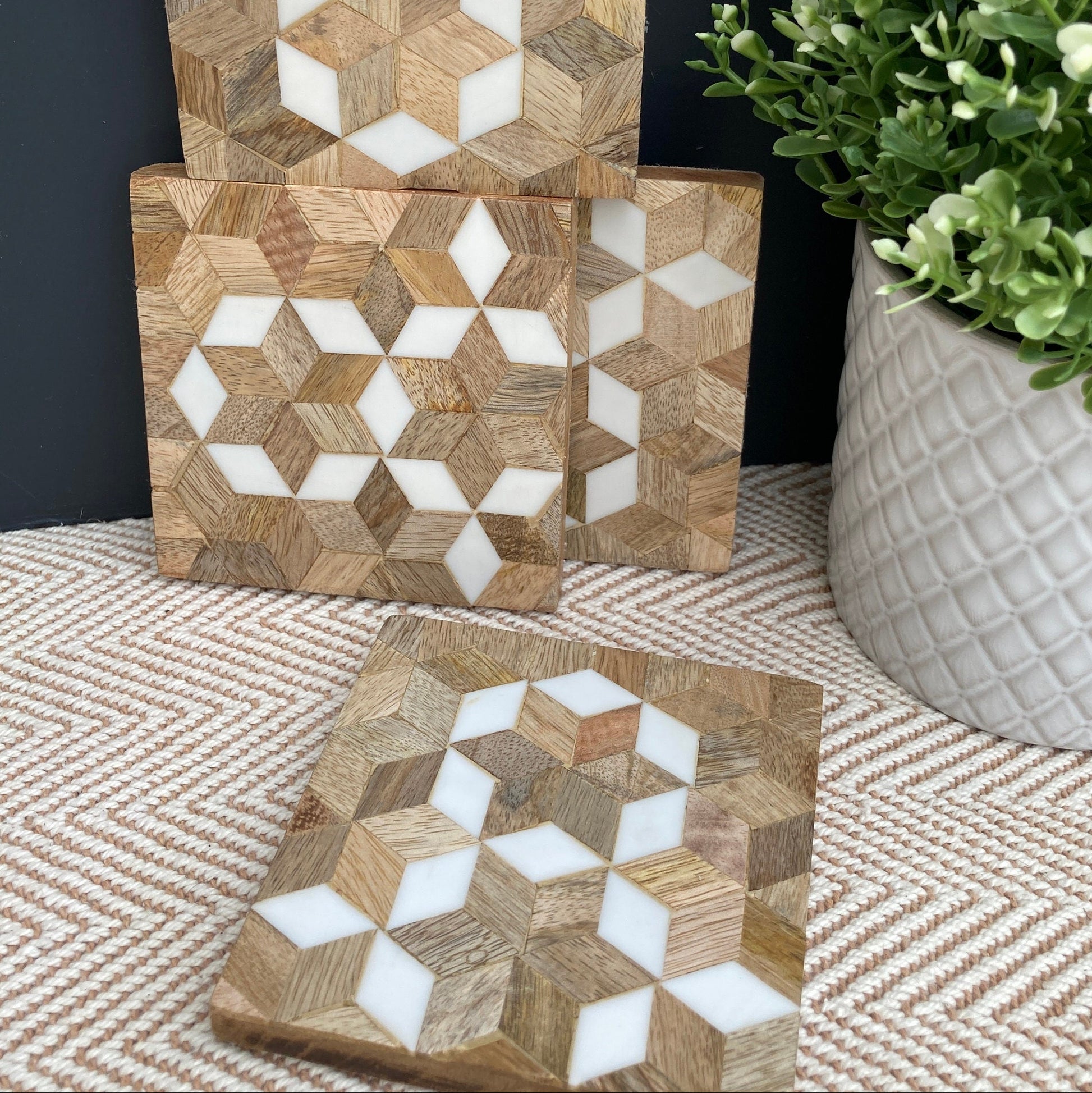 Mosaic Mango wood square coasters with resin inlay. Design shown.