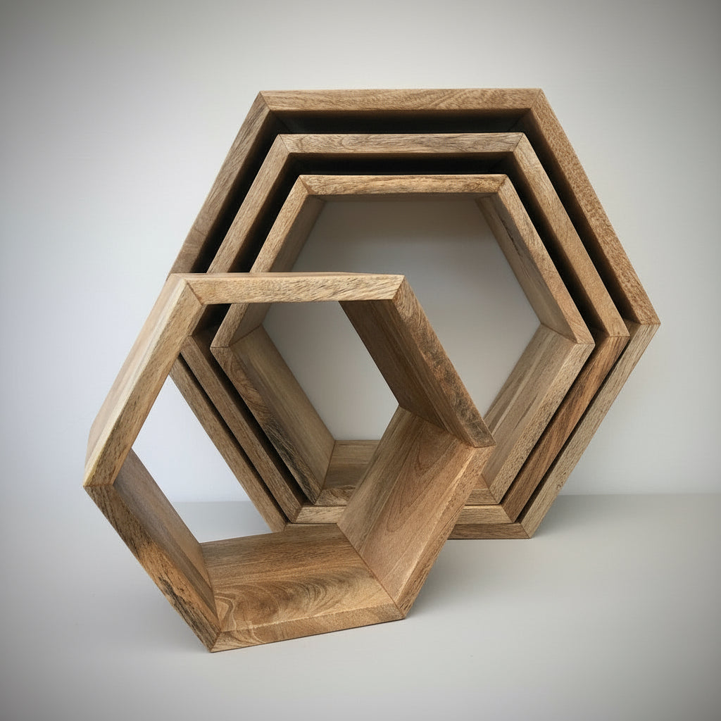 Hexagonal Mango wood floating wall shelves. Group shot of available sizes.