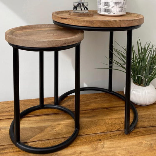 Nest of 2 Industrial style slim round side tables.