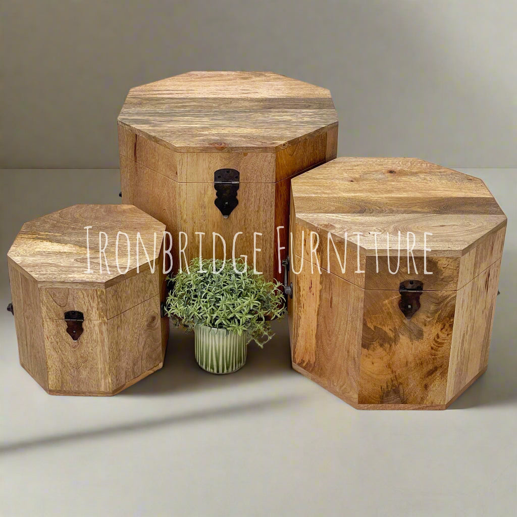 Mango wood octagonal treasure chests in 3 sizes group shot