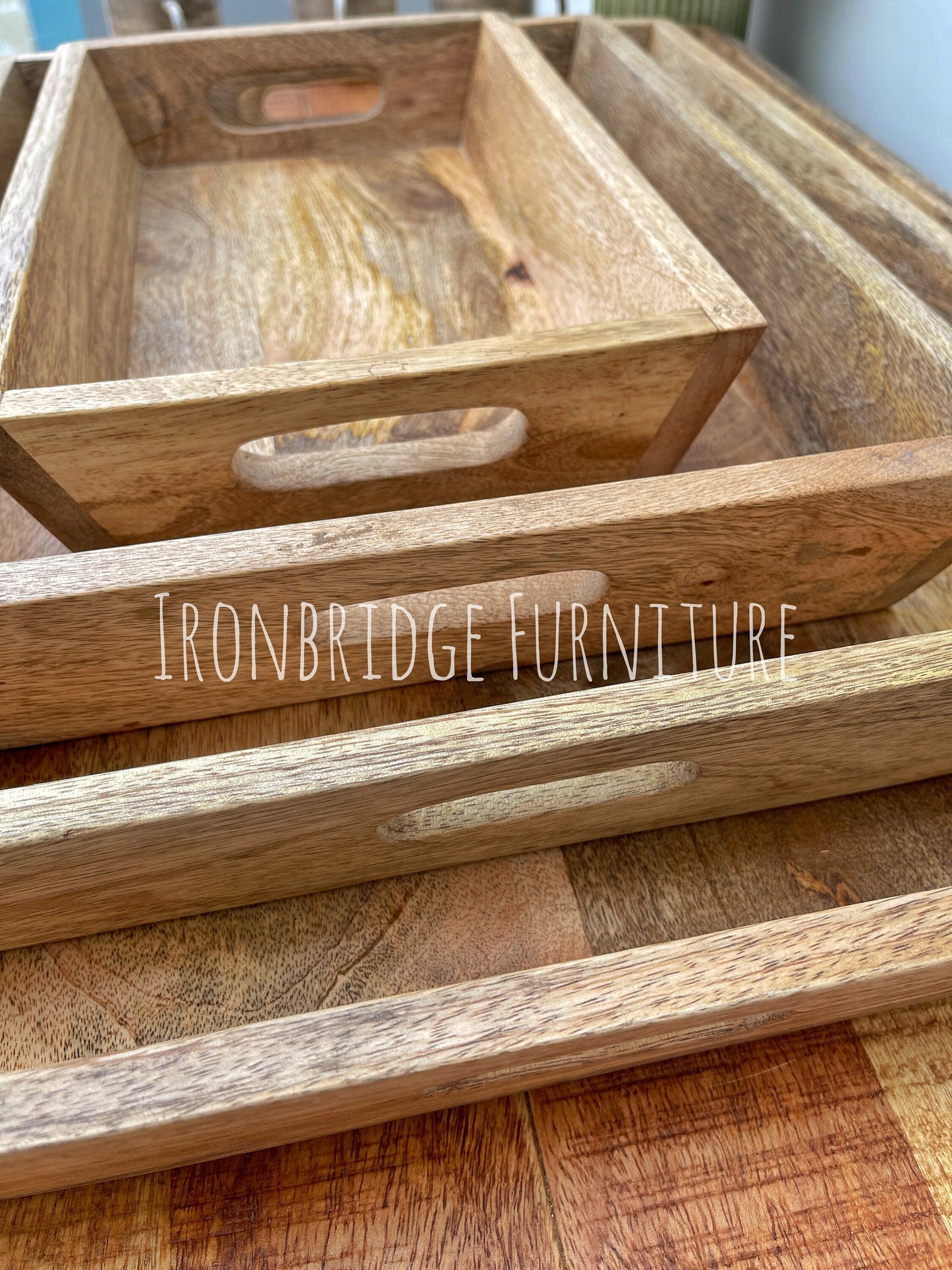 Solid Mango wood tray with cut out handles in 4 sizes close up