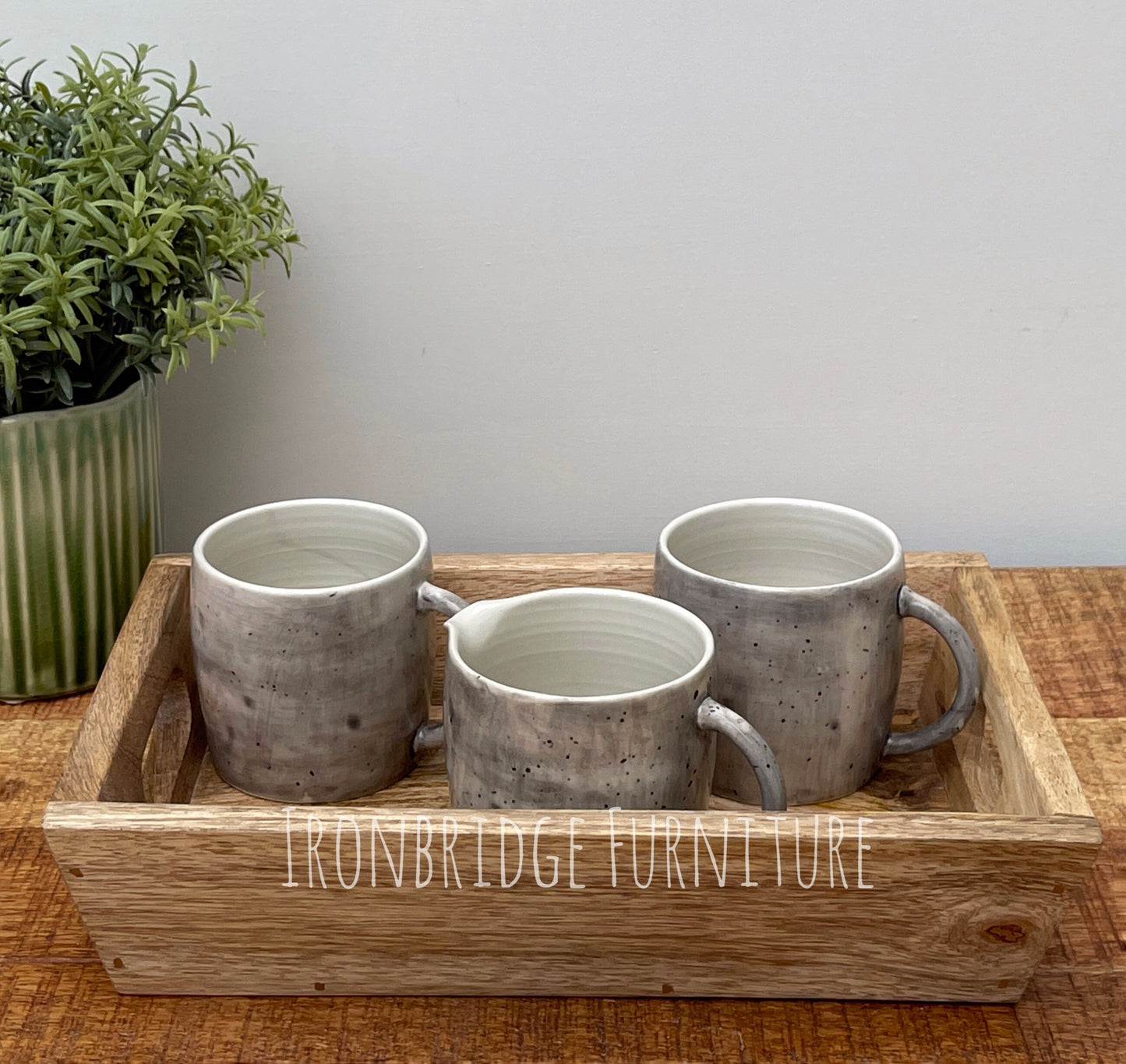 Solid Mango wood tray with cut out handles small tray with tea mugs