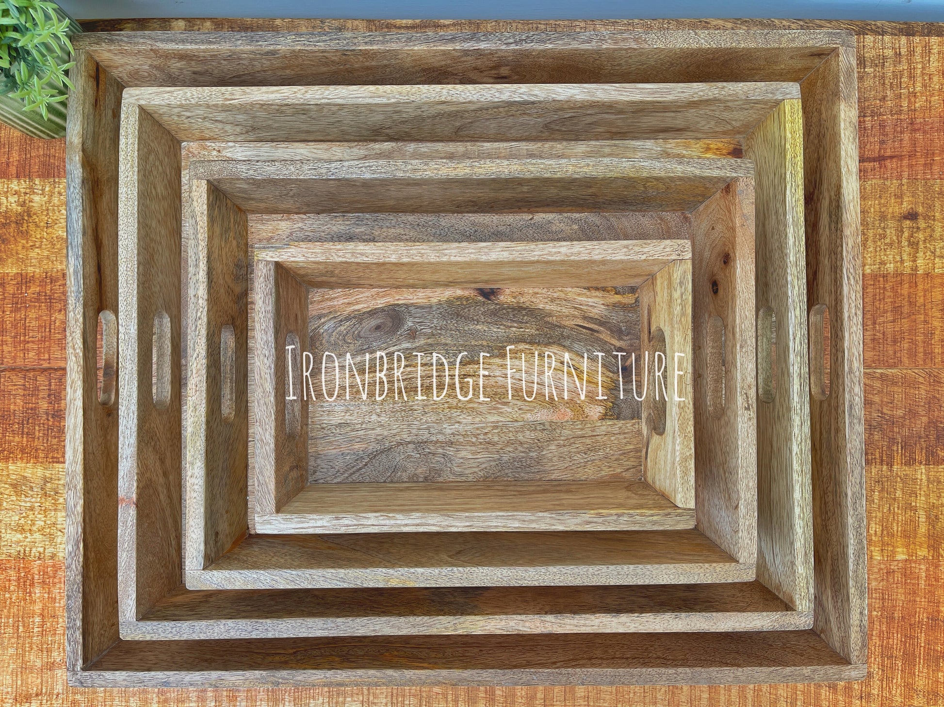 Solid Mango wood tray with cut out handles looking from above