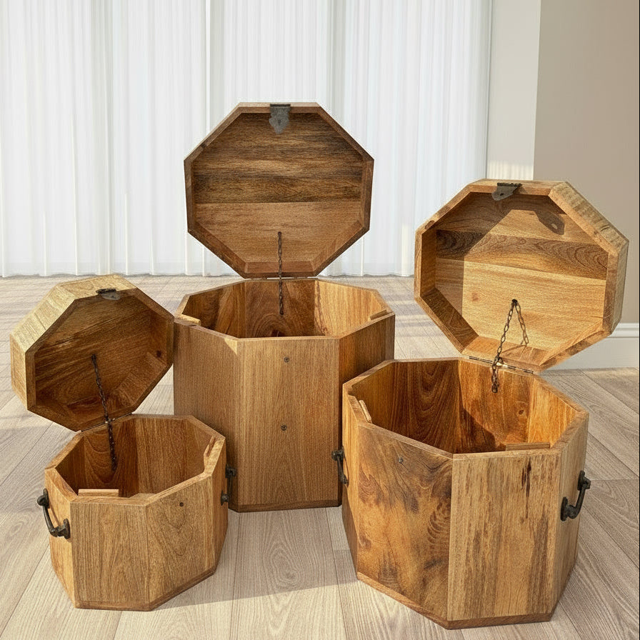 Mango wood octagonal treasure chests with lids open