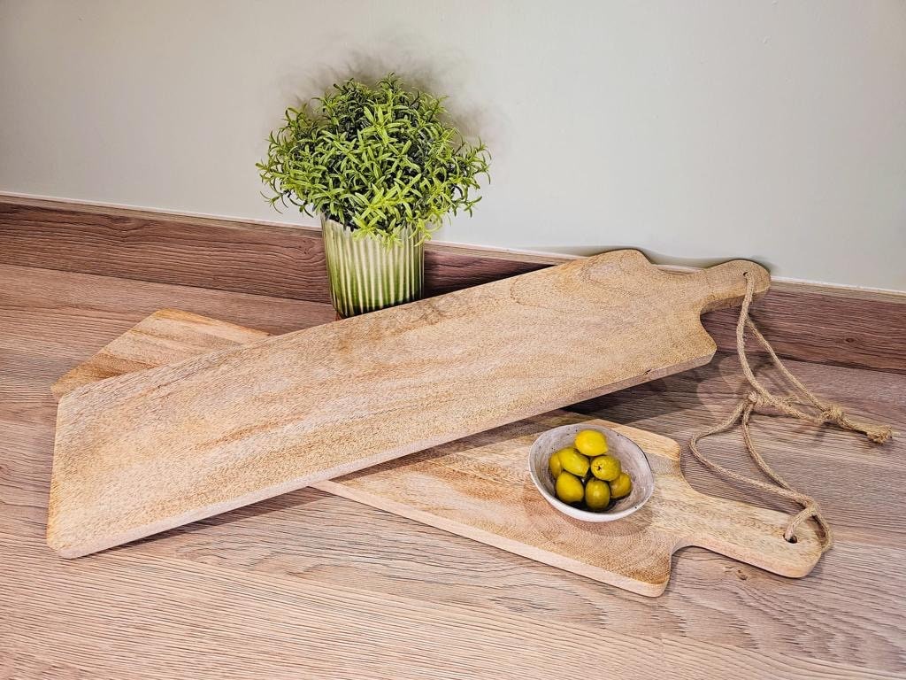 Long slim Mango wood paddle grazing board shown a s pair 