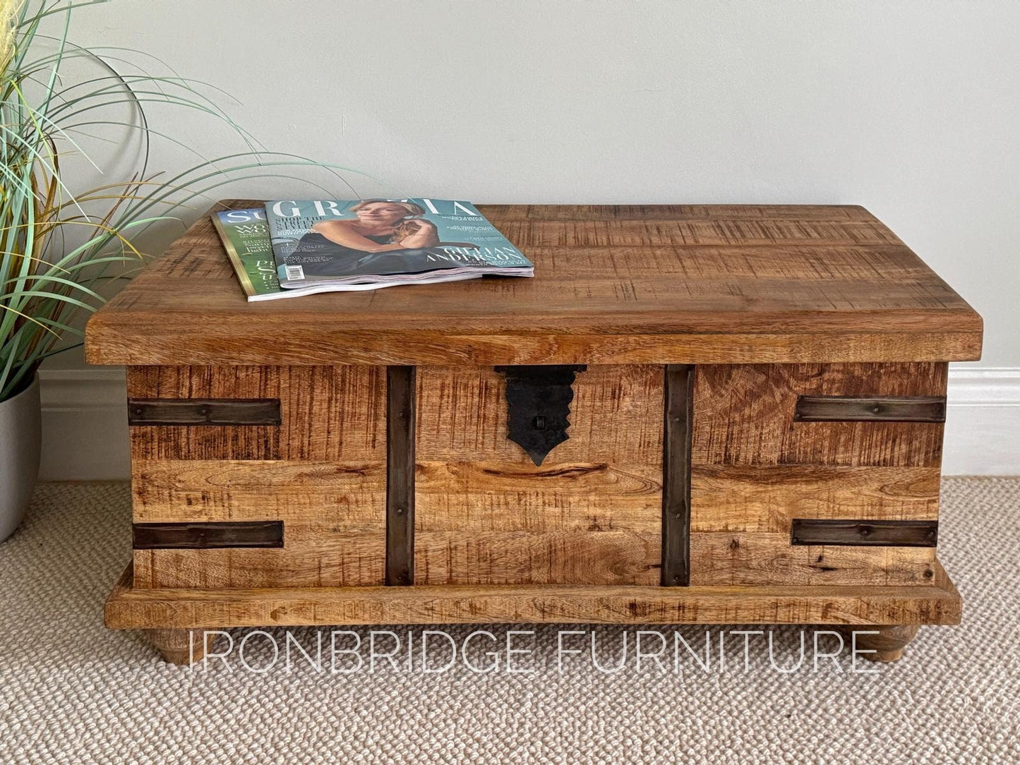 Size 1 Small rustic rough cut Mango wood trunk on feet - 76cm wide. from the front