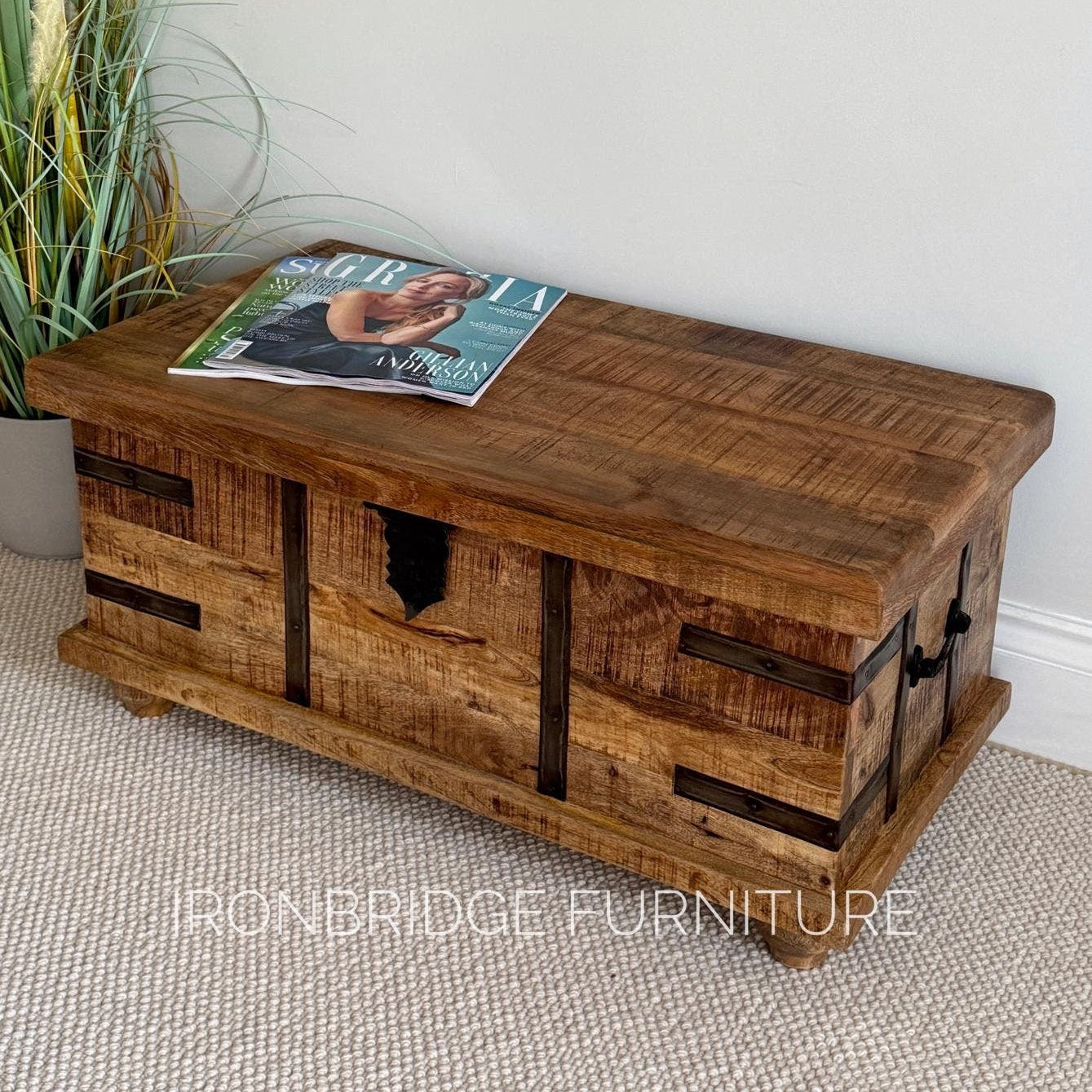Size 1 Small rustic rough cut Mango wood trunk on feet - 76cm wide. from an angle