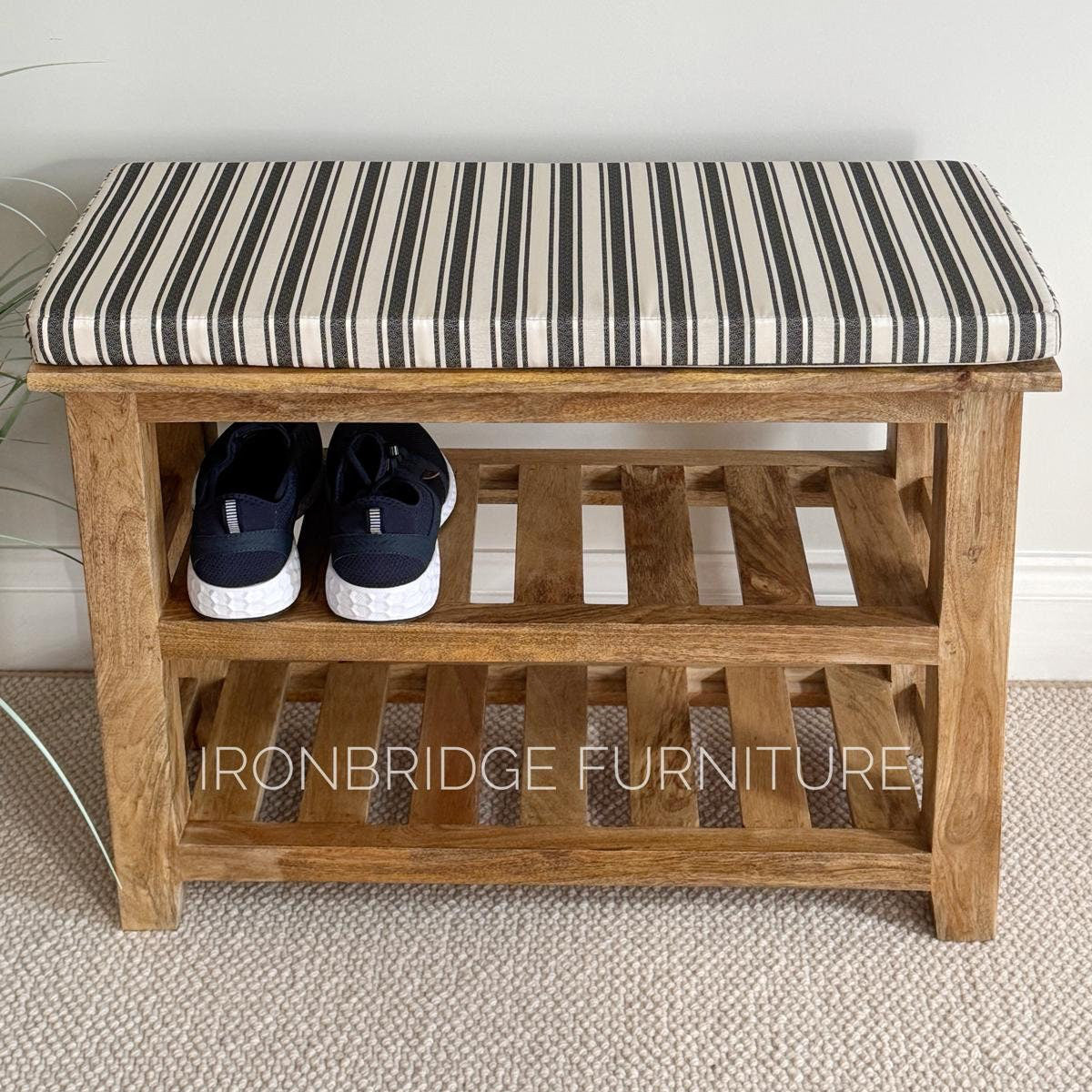 Mango wood shoe storage bench. Shown with cushion on top.