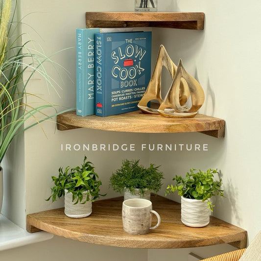 Set of 3 Mango wood rounded corner wall shelves.