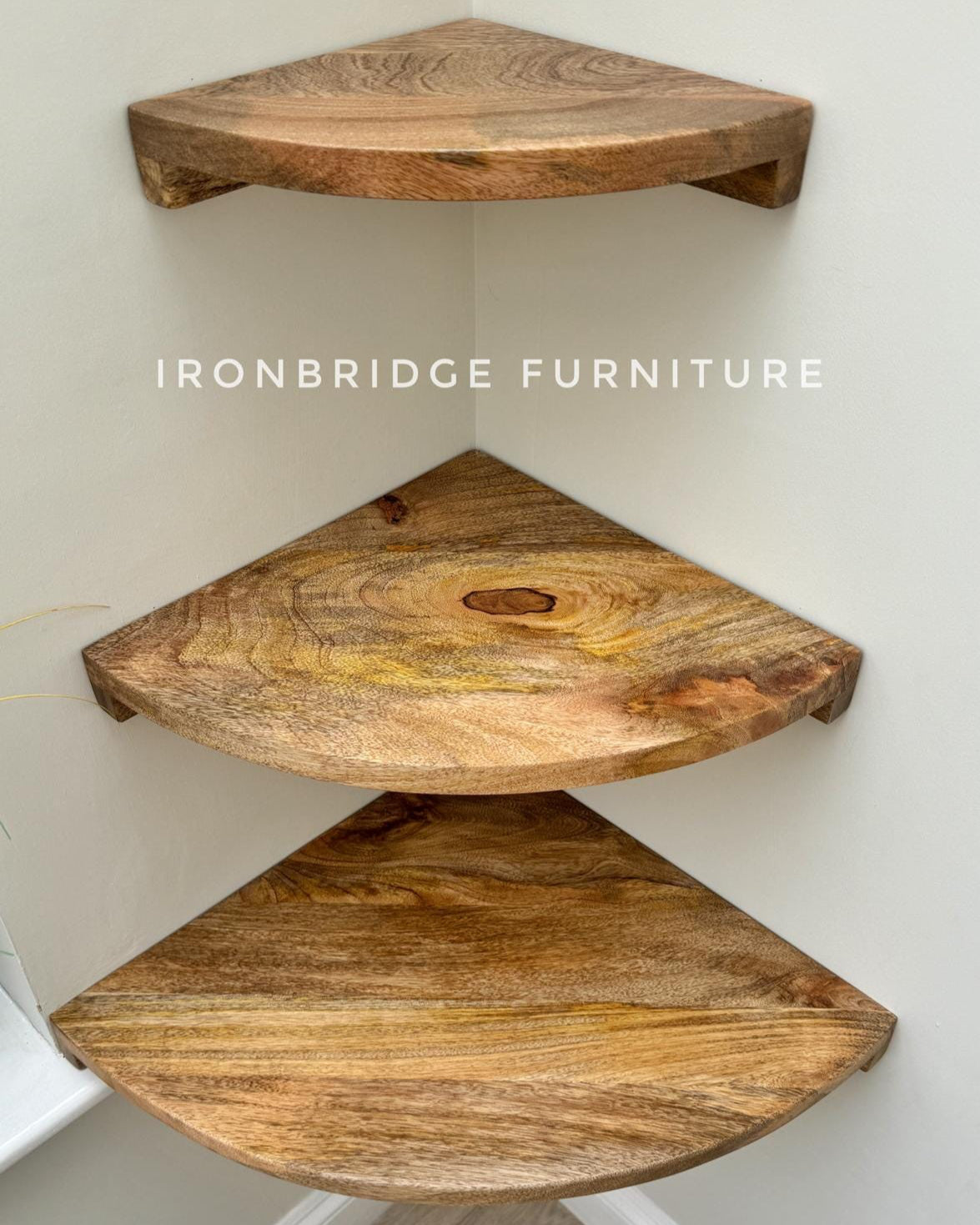 Set of 3 Mango wood rounded corner wall shelves. Shelves from above. 