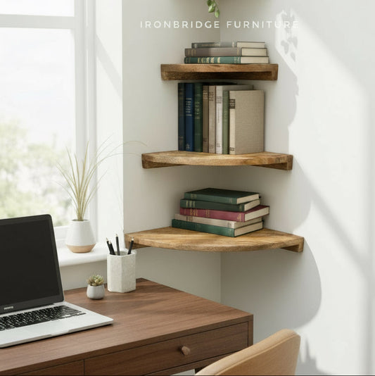 Set of 3 Mango wood rounded corner wall shelves. Shelves from above. 
