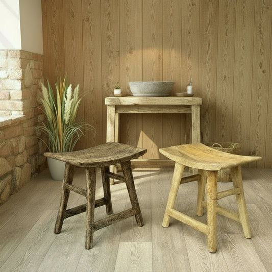 Curved rustic Mango wood stool. Two stools placed side by side. 