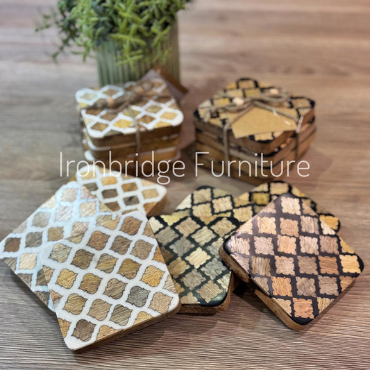 Set of 4 resin coasters with Mango wood inlay and base.