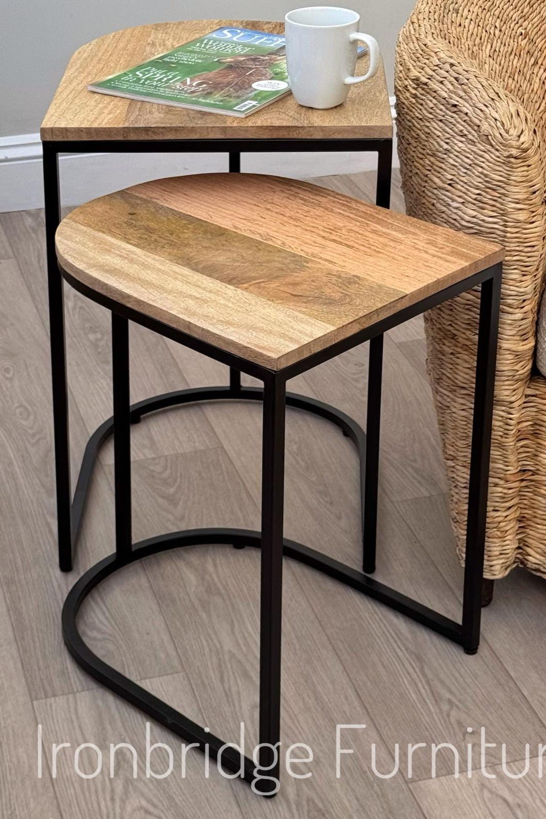 IMANT-003 Nest of 2 half round side tables. Mango wood with accessories 
