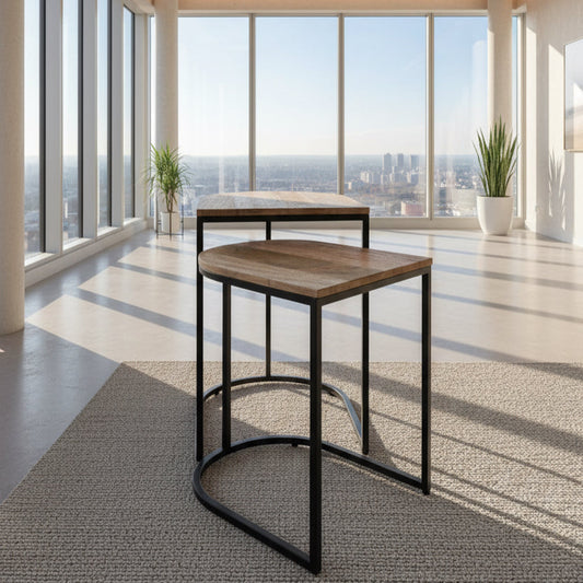 IMANT-003 Nest of 2 half round side tables. Mango wood with accessories 