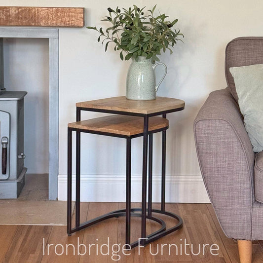 IMANT-003 Nest of 2 half round side tables. Mango wood