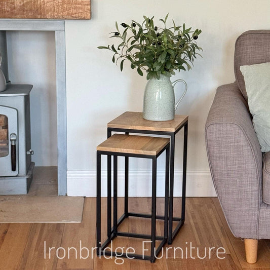 IMANT-004 Nest of 2 slim square side tables or plant stools - Mango wood