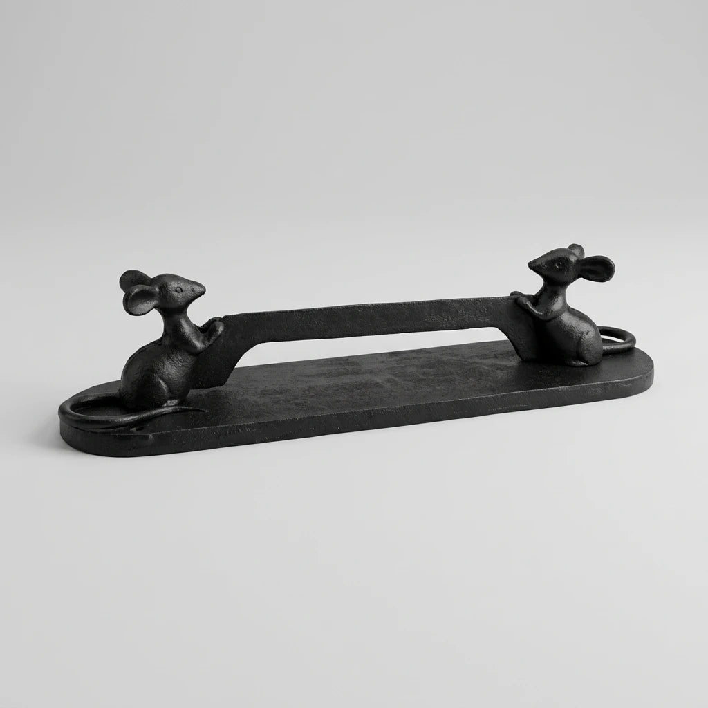 A black cast iron mouse-shaped drawer pull handle on a particle board surface.