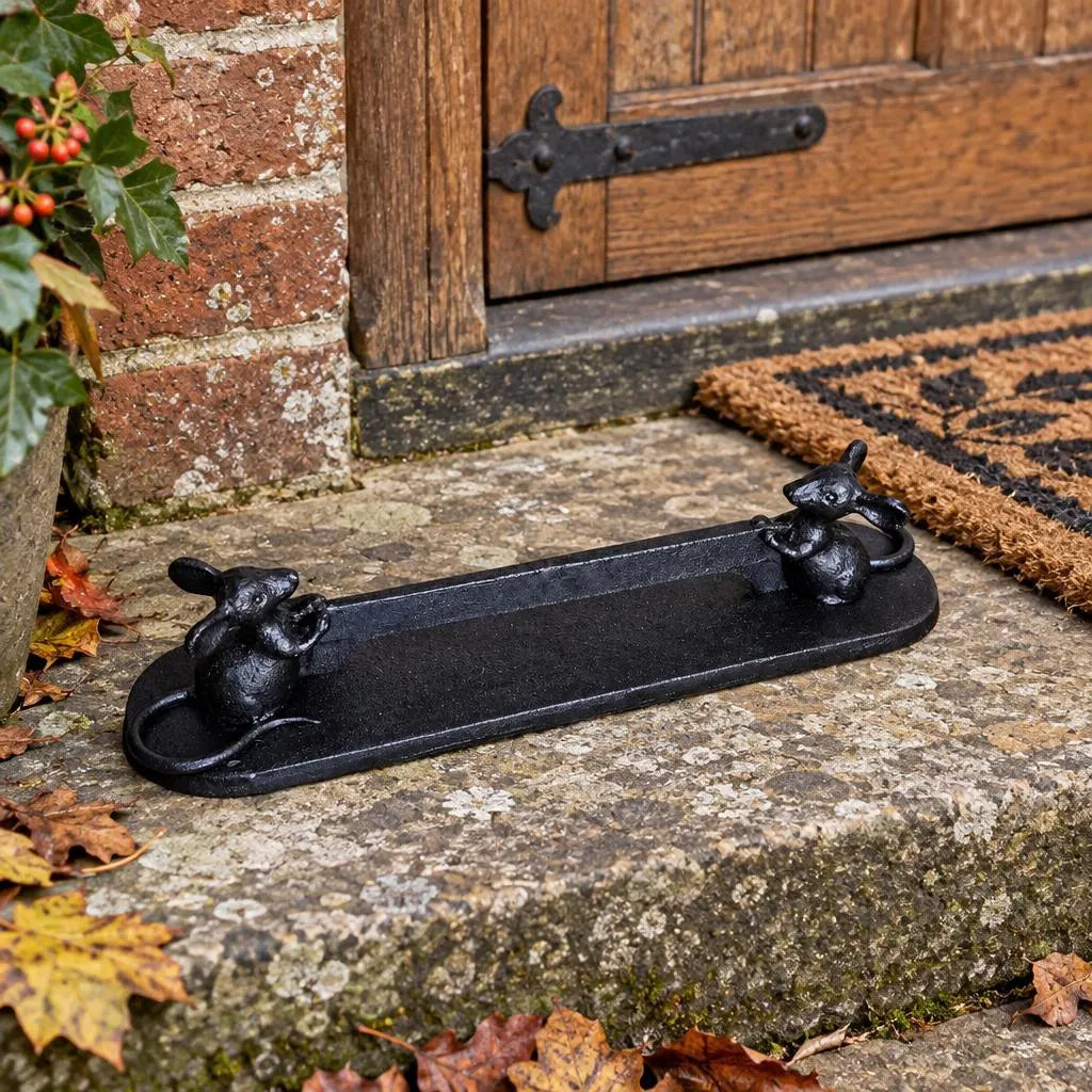 Black painted cast iron mice boot scraper