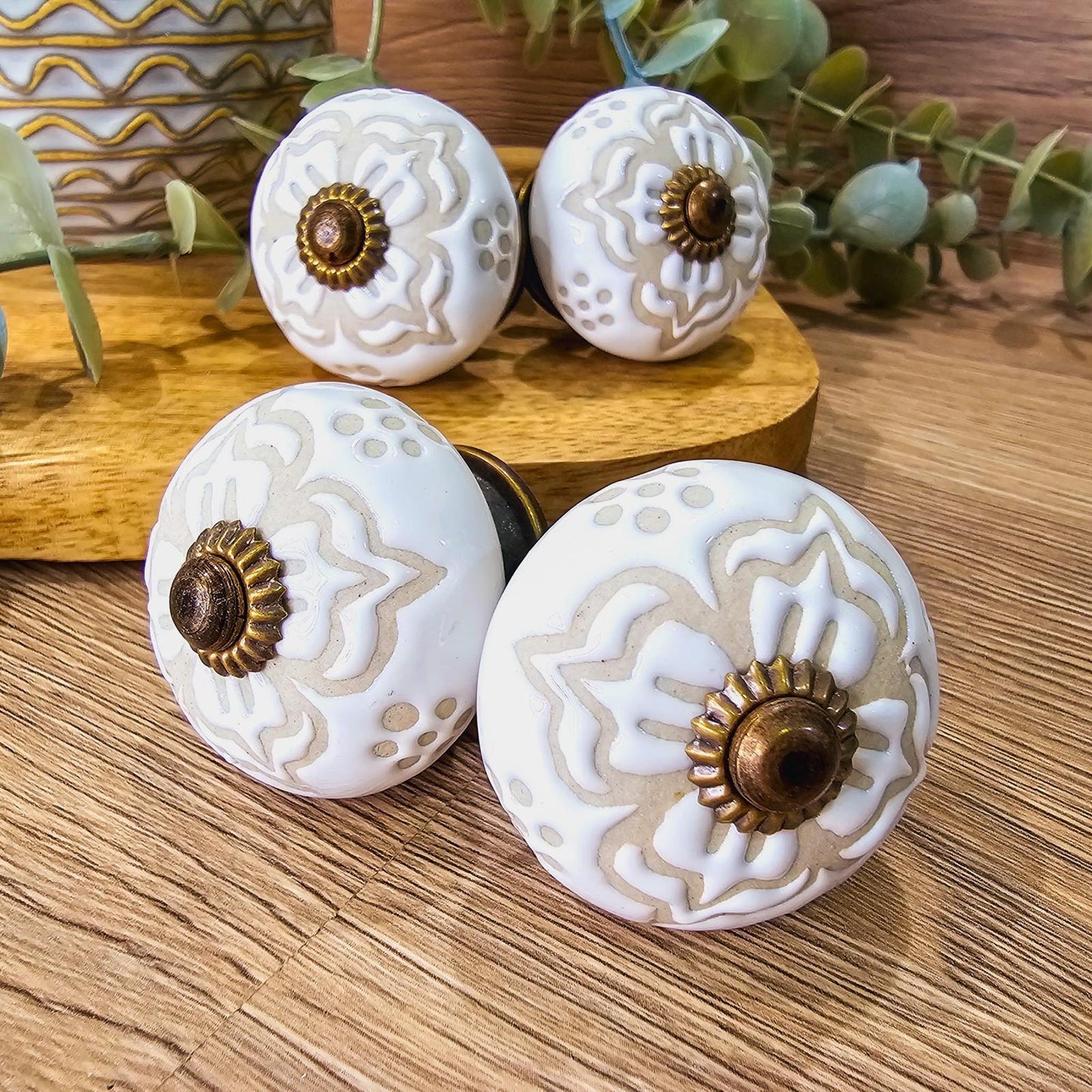 Set of 4 hand painted ceramic knob handles. 6 neutral colour designs. Design C