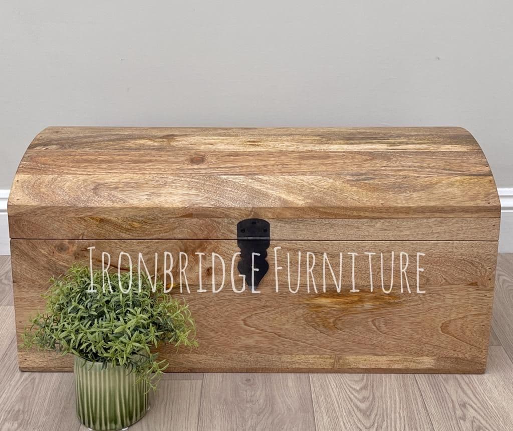 Dome topped treasure chests - Mango wood - 4 sizes available. Single chest shown with a plant.