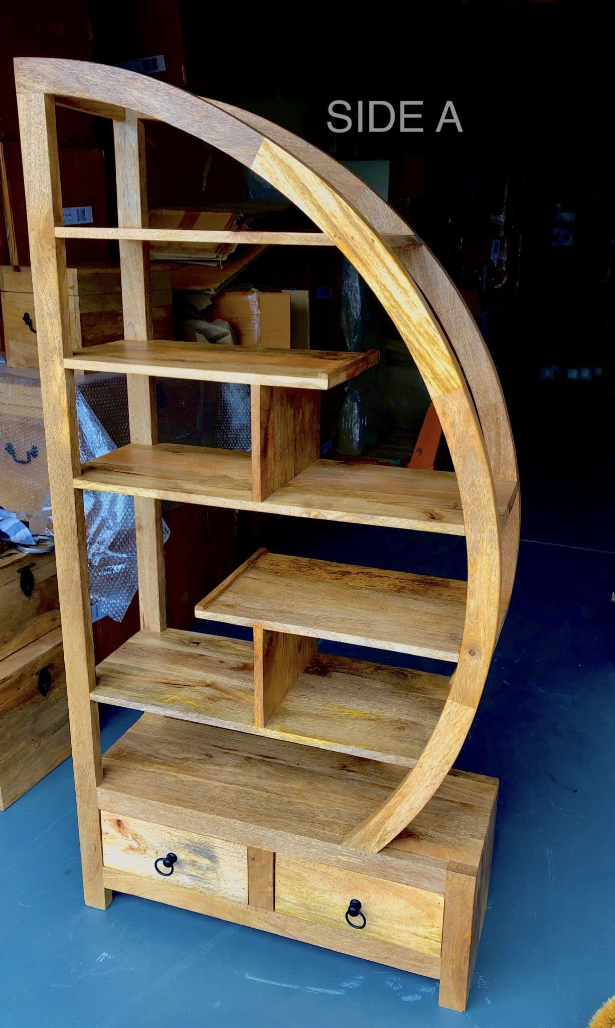Mango wood arched room divider with drawers. 2 designs. Side A. 