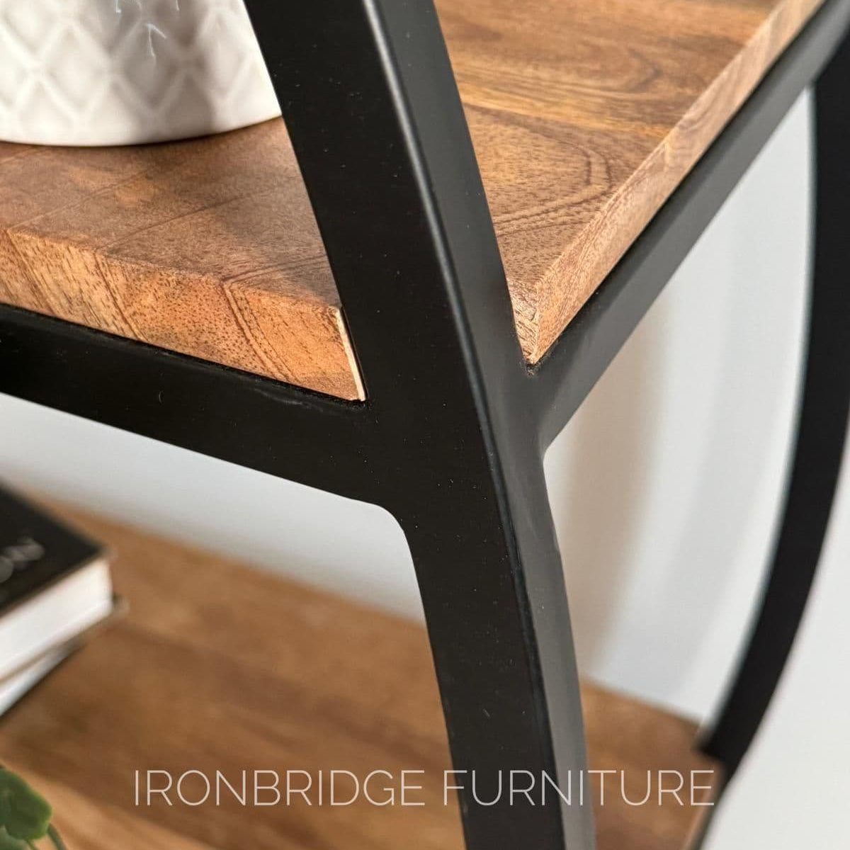 Beautiful pair of rounded metal and Mango wood room dividers close up of metal