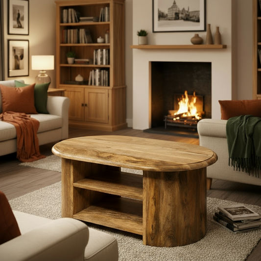 Wooden coffee table with a plant on top against a stone wall.