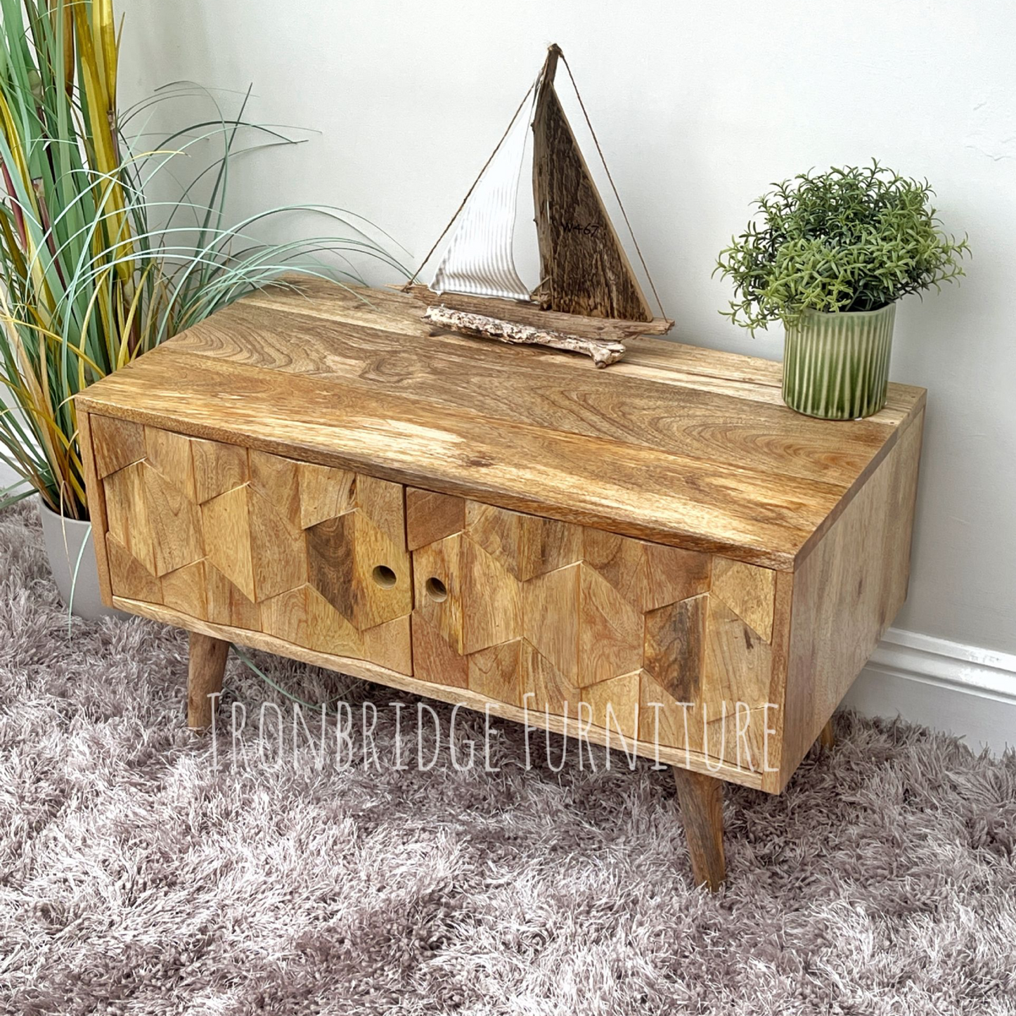 Patterned front TV stand angle shot