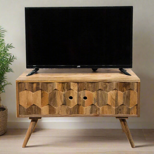 Patterned front TV stand with TV on top
