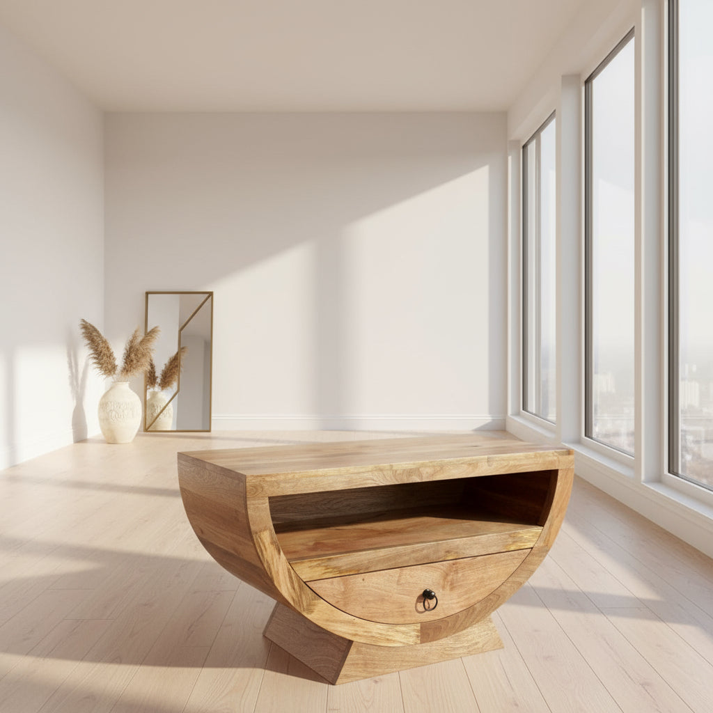 Mango wood half moon shaper TV small sideboard in a room setting at an angle close up