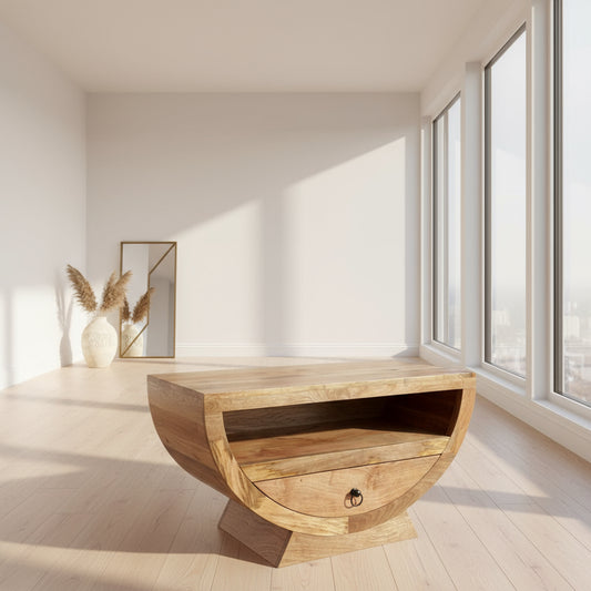 Mango wood half moon shaper TV small sideboard in a room setting at an angle close up