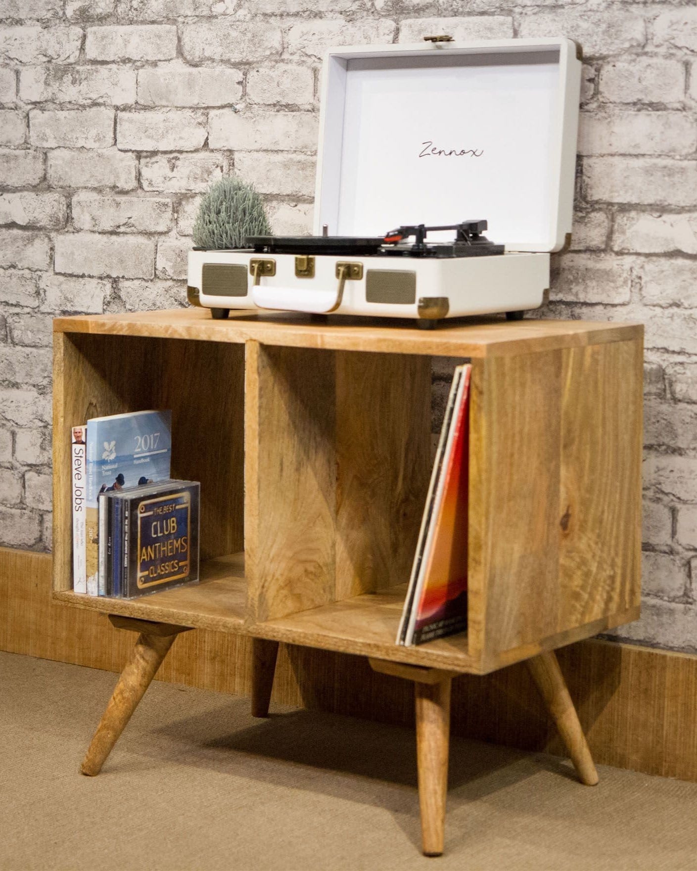 MANT-3015 Mango Wood 2 hole cube on tapered legs - 60cm wide with record player
