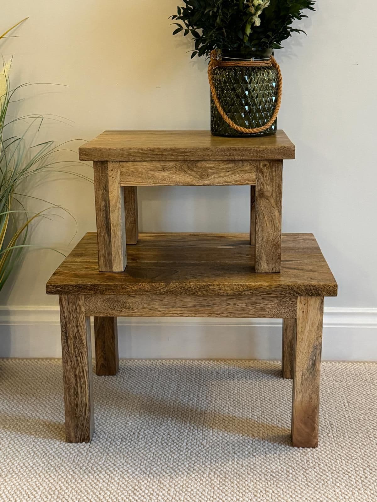 Pair of square finish Mango wood coffee tables stacked