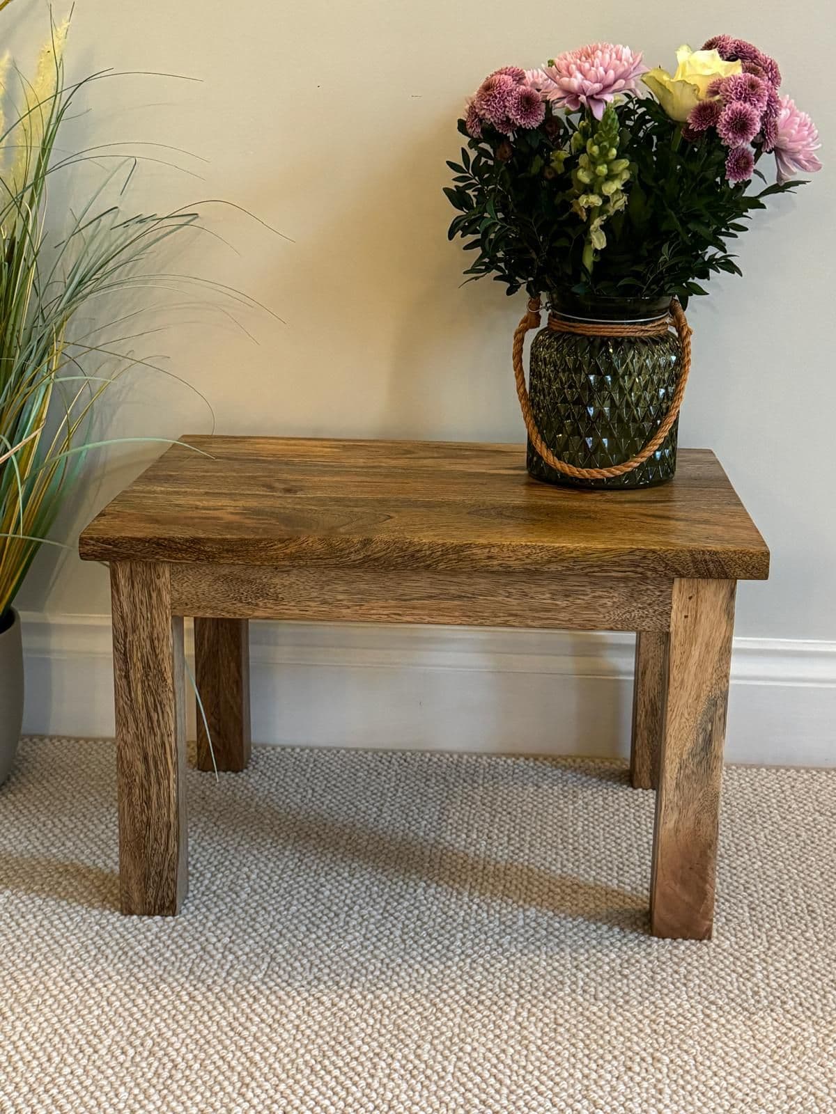 Pair of square finish Mango wood coffee tables, one on its own