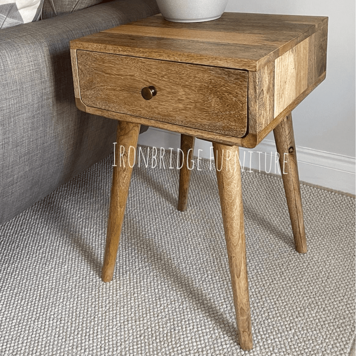 MANT-517 Mango Wood 1 drawer bed side table on tapered legs 60cm high at angle