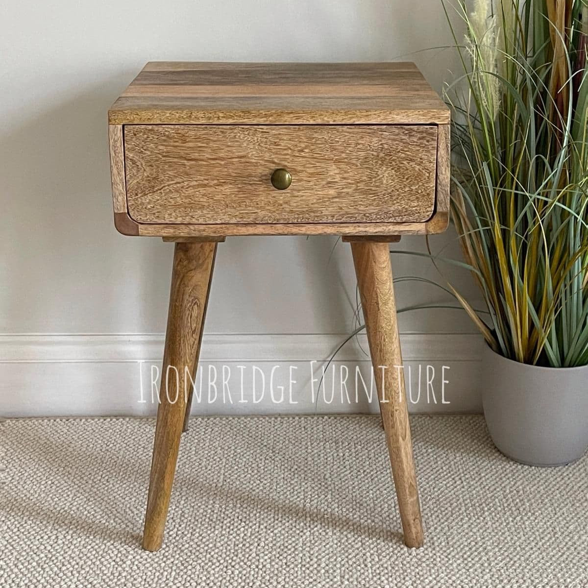 MANT-517 Mango Wood 1 drawer bed side table on tapered legs 60cm high from the front