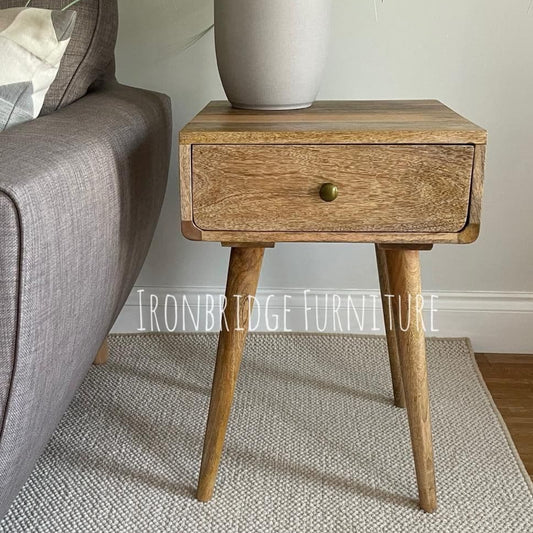 MANT-517 Mango Wood 1 drawer bed side table on tapered legs 60cm high