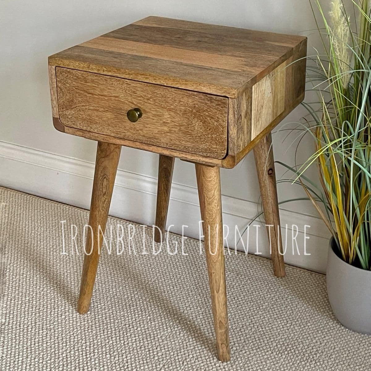 MANT-517 Mango Wood 1 drawer bed side table on tapered legs 60cm high at an angle