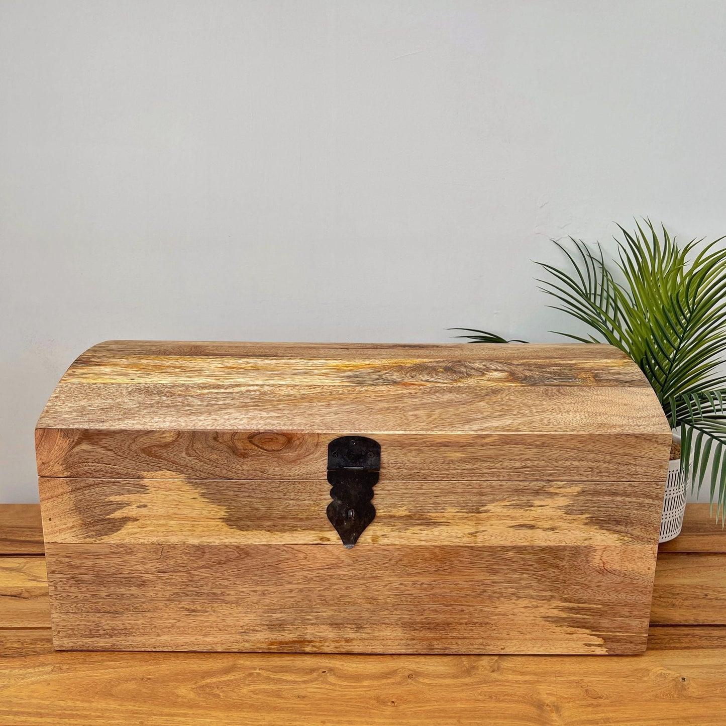 Dome topped treasure chests - Mango wood - 4 sizes available. Single chest front on. 