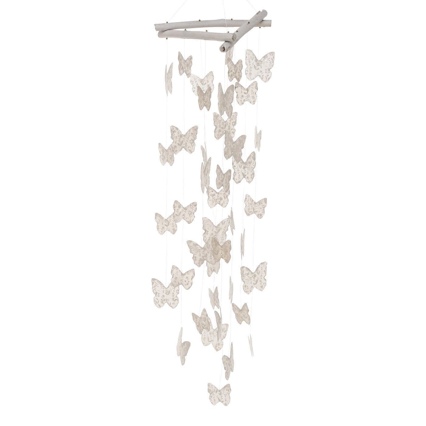 Natural Capiz shell wind chime Butterfly design - white. Image of whole wind chime.