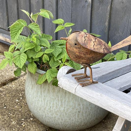 Tin robin garden ornament on bench