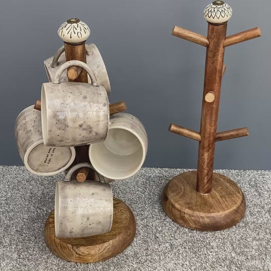 Dark Mango wood mug tree to hold up to 6 cups. 2 designs. Video